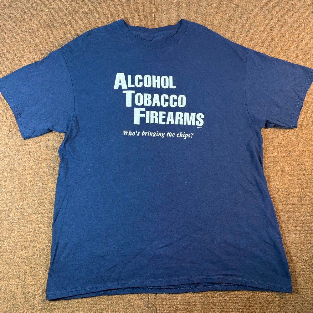 A+ Vintage 1998 Alcohol Tobacco Firearms ATF Funny Graphic T-Shirt Navy Blue XL